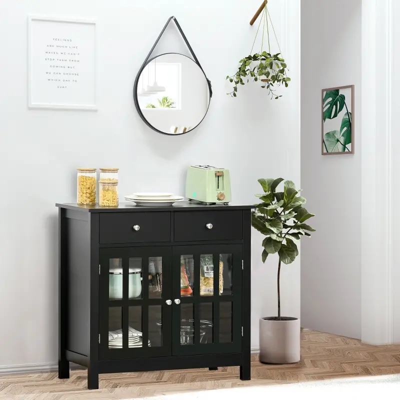 HOMCOM Sideboard Buffet Cabinet, Storage Cupboard with Glass Doors, Adjustable Shelf and 2 Drawers for Kitchen, Black
