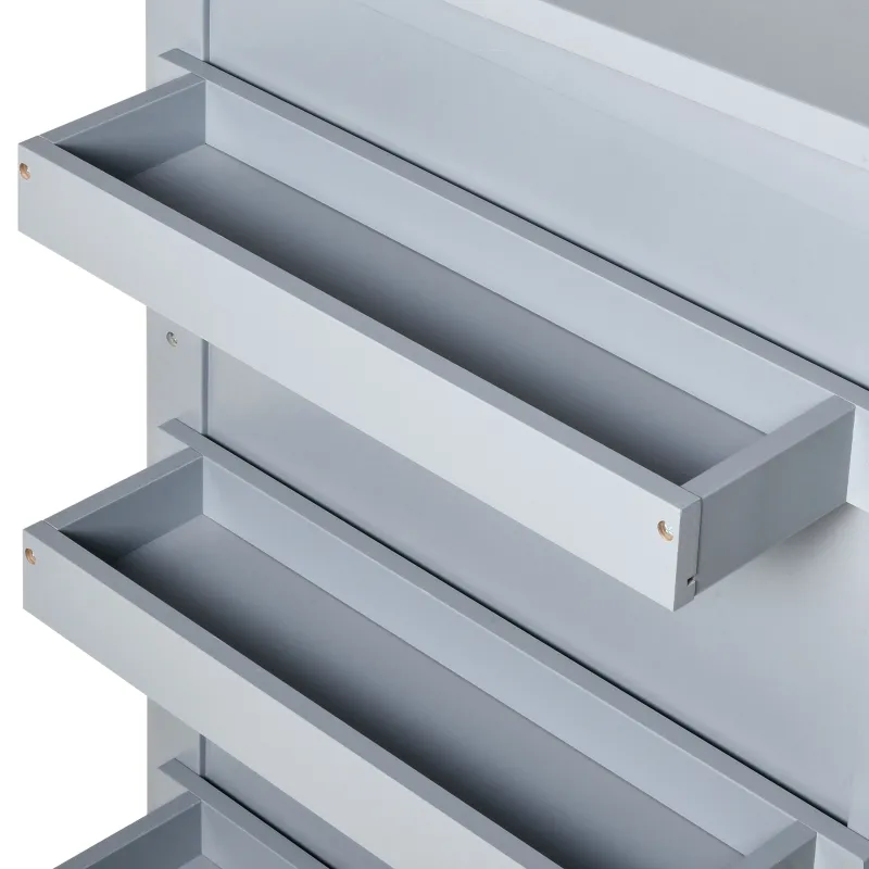 HOMCOM Folding Sewing Table, Rolling Utility Work Station Side Desk with 3-Tier Storage Bins, Shelf, and Lockable Casters, Grey