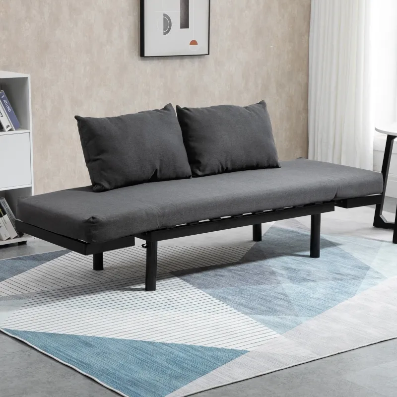 HOMCOM Single Person Chaise Lounger, Modern Sofa Bed with 5 Adjustable Positions, 2 Large Pillows, and Birch Legs, Charcoal Grey
