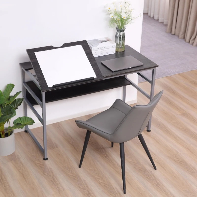 HOMCOM Drafting Table, Adjustable Drawing Desk, Multifunctional Writing Desk with 15-Level Tiltable Tabletop and Storage Shelf for Home Office, Black