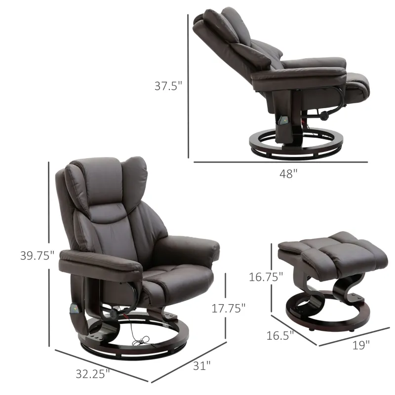 HOMCOM Massage Sofa Recliner Chair w/ Footrest, 10 Vibration Point, Faux PU Leather, Brown