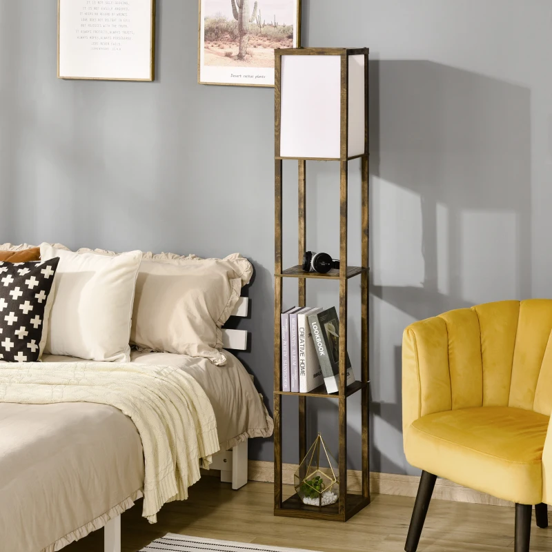HOMCOM 3-Tier Floor Lamp, Standing Reading Light with Storage Shelves for Living Room, Bedroom, or Dining Room, Rustic Brown