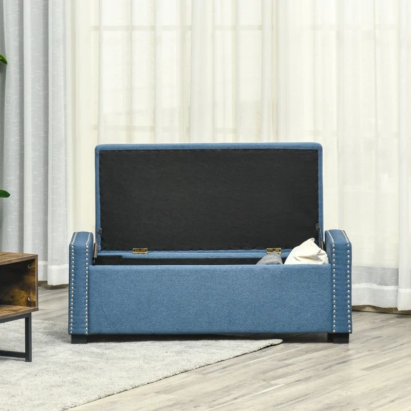HOMCOM Nailhead Trim Upholstered Flip Top Storage Bench, Fabric Ottoman for Bedroom, or Living room, Blue