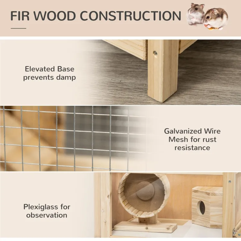 PawHut 2-Tier Wooden Hamster Cage, Small Animals Hutch, w/ Seesaw, Tray