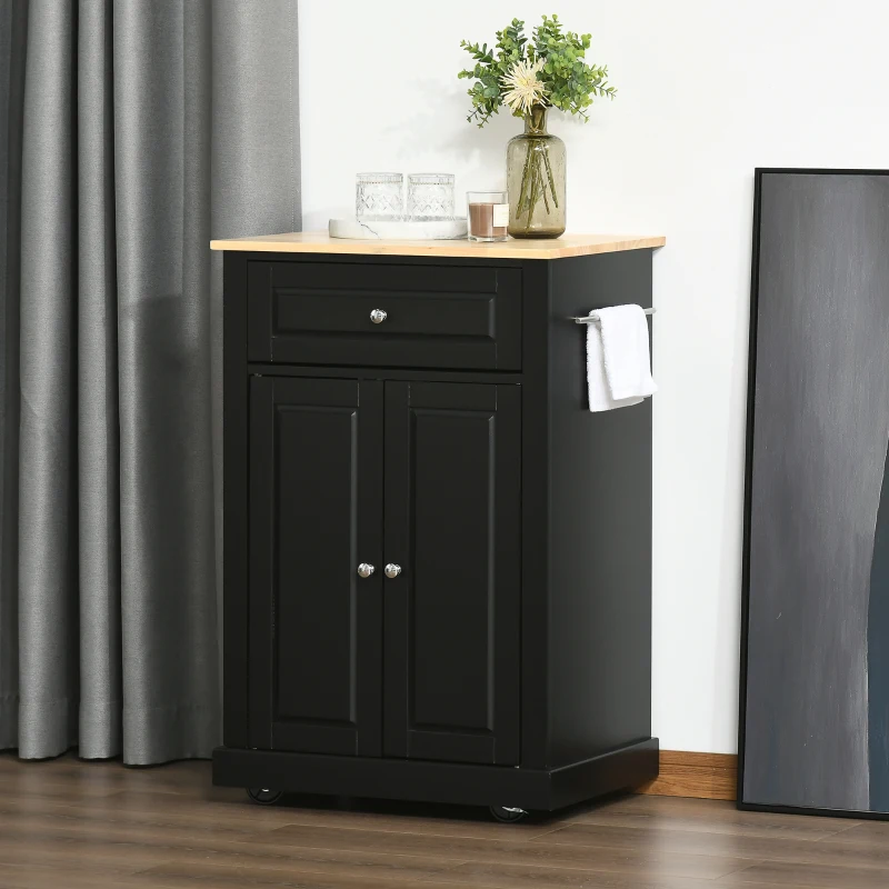 HOMCOM Rolling Kitchen Island Cart, Portable Serving Trolley Table with Drawer, Adjustable Shelf and 2 Towel Racks, Black