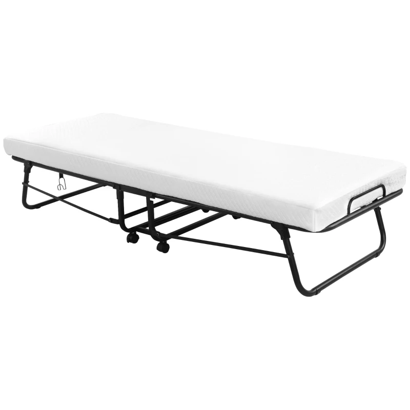 HOMCOM Rollaway Bed, Folding Bed with 4" Mattress, Portable Foldable Guest Bed with Memory Foam, Steel Frame and Wheels, White