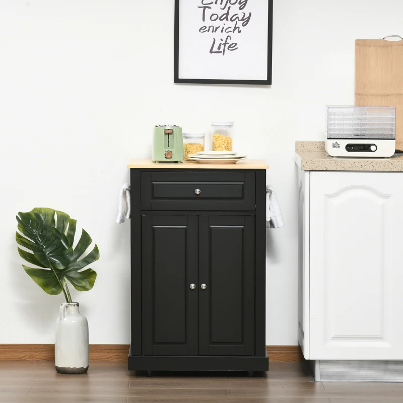 HOMCOM Rolling Kitchen Island Cart, Portable Serving Trolley Table with Drawer, Adjustable Shelf and 2 Towel Racks, Black
