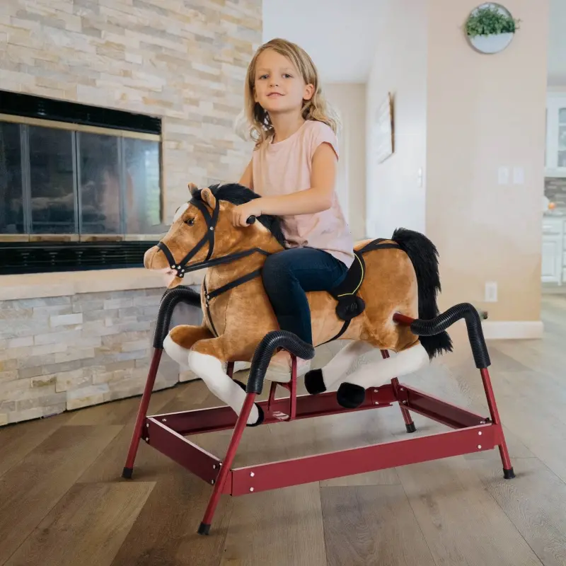 Qaba Durable Kids Plush Spring Rocking Horse, Ride On Rocking Horse with Realistic Sounds, Brown