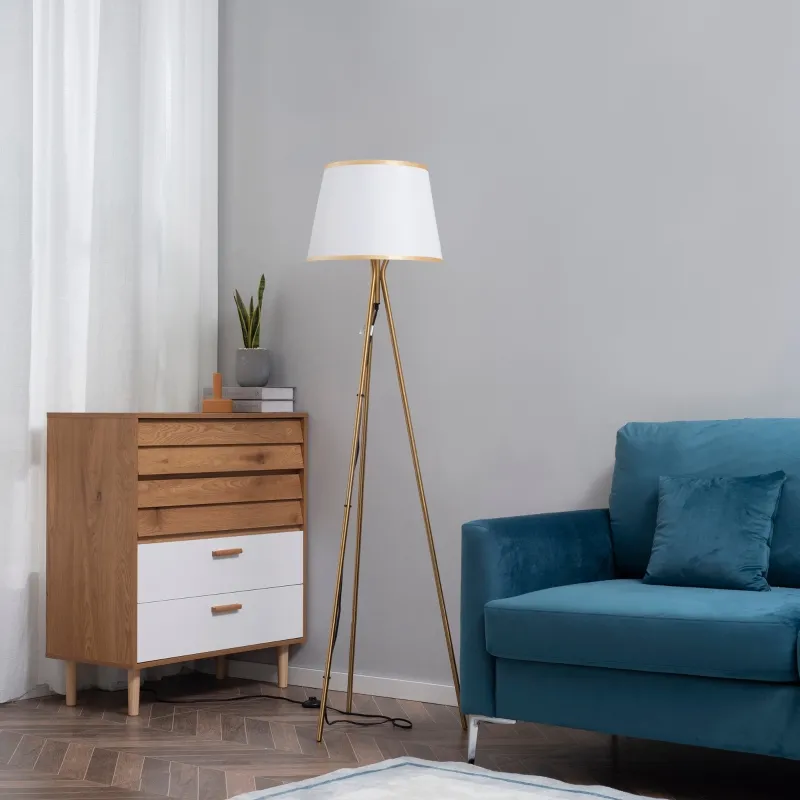HOMCOM Modern Tripod Floor Lamp, Freestanding Lamp w/ Fabric Lampshade and E26 Base for Living Room, No Bulb - Gold