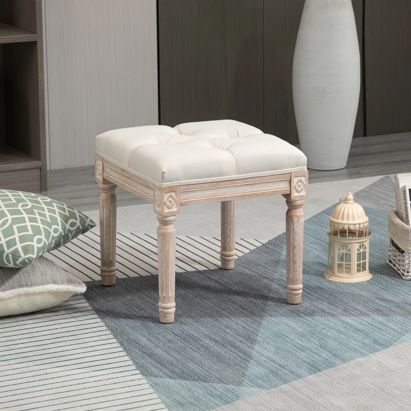 HOMCOM Ottoman Bench Vintage Footrest w/ Button Tufted Seat, Carved Wooden Legs, Beige