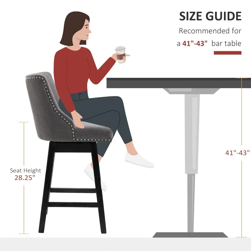 HOMCOM 28" Swivel Bar Height Bar Stools Set of 2, Armless PU Leather Upholstered Barstools Chairs with Nailhead Trim and Wood Legs, Dark Grey