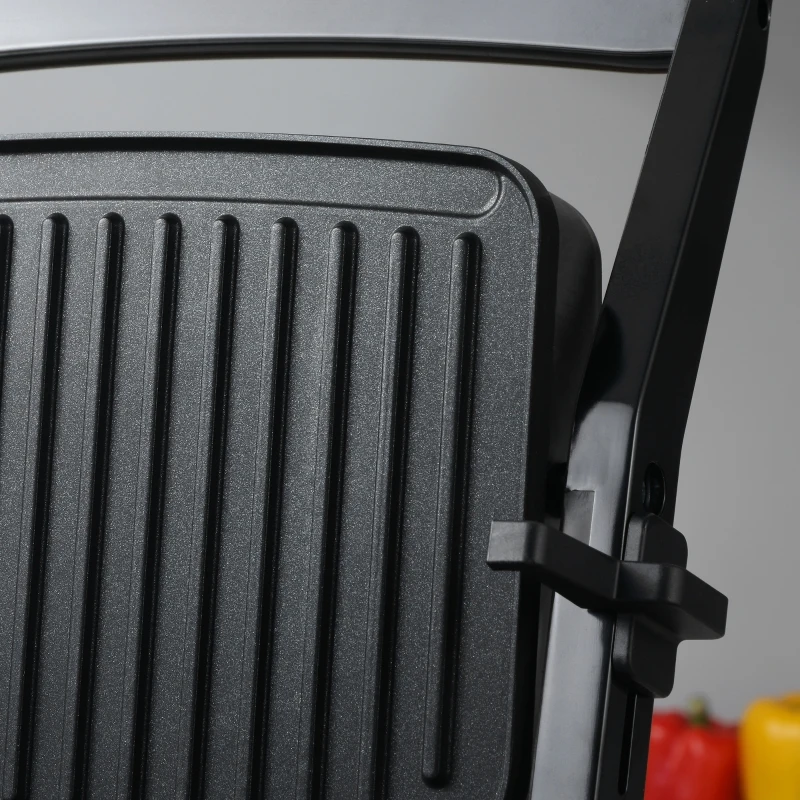 HOMCOM 4 Slice Panini Press Grill, Stainless Steel Sandwich Maker with Non-Stick Double Plates, Locking Lids and Drip Tray, Opens 180 Degrees to Fit Any Type or Size of Food 13"x10.25"x4.75"