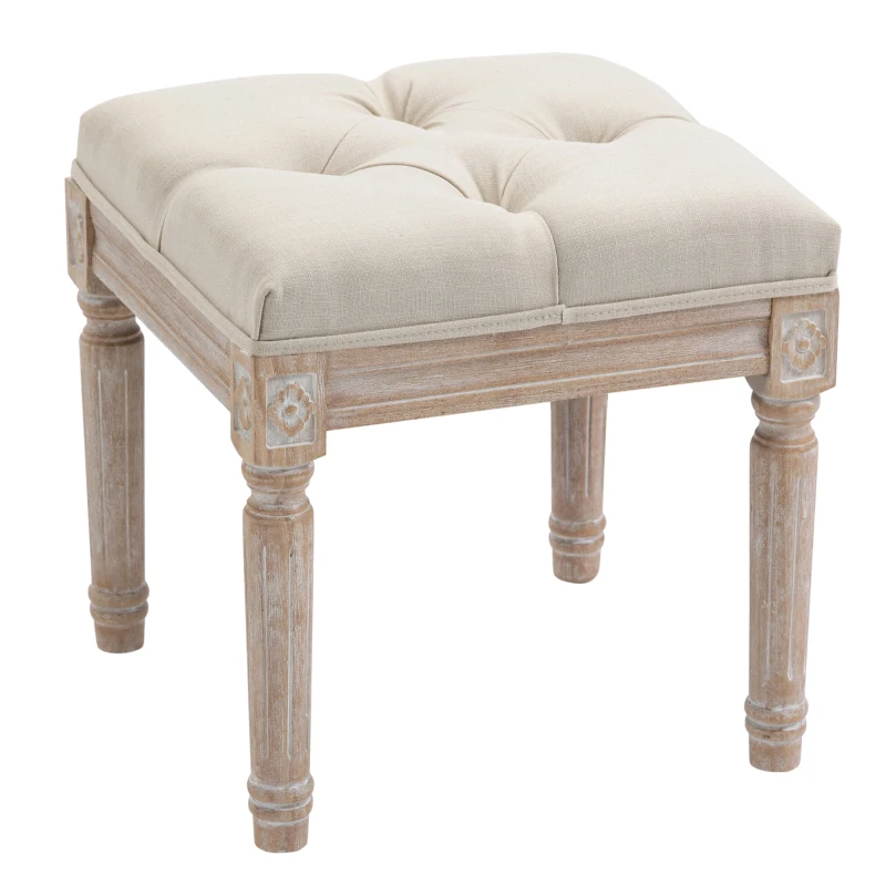 HOMCOM Ottoman Bench Vintage Footrest w/ Button Tufted Seat, Carved Wooden Legs, Beige
