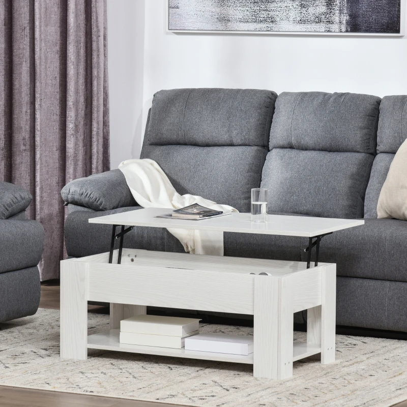HOMCOM 39" Lift Top Coffee Table with Hidden Storage Compartment and Open Shelf, Pop Up Coffee Table for Living Room, White
