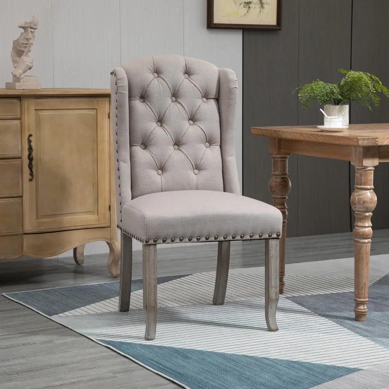 HOMCOM Button Tufted Dining Chair, French Accent Chair with Wingback, Nailhead Trim and Wood Legs, Beige