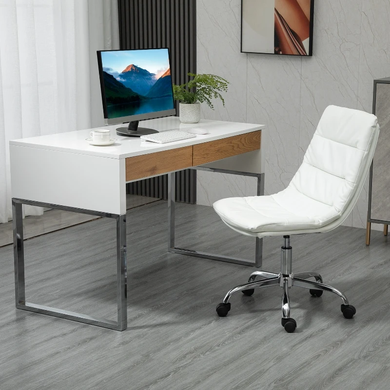 Vinsetto Armless Office Chair Ergonomic Computer Desk Chair Mid-Back Upholstered Task Chair with PU Leather, Adjustable Height and Swivel Seat, White