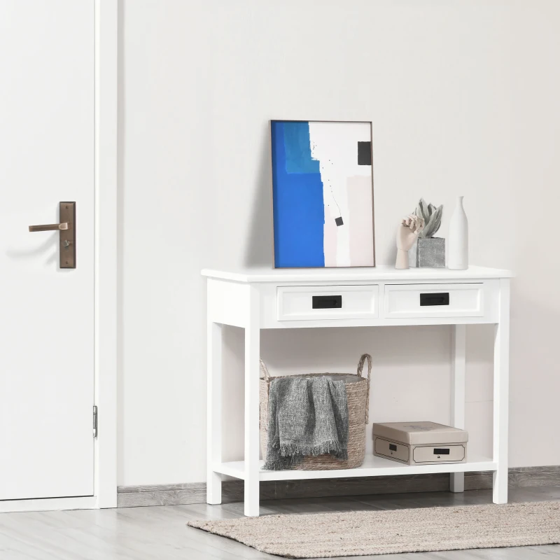 HOMCOM Console Table with 2 Storage Drawers and Open Shelf, Modern Sofa Table for Hallway, Living Room, or Bedroom, White