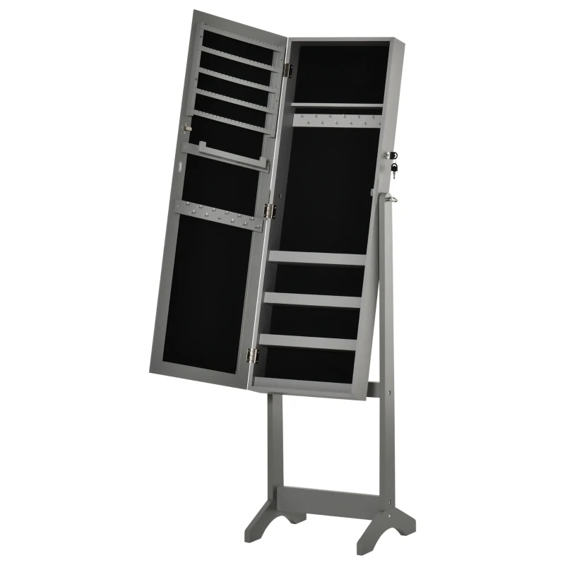 HOMCOM 60" Full-Length Mirror Jewelry Storage Armoire w/ Lockable Door & Key, Gray