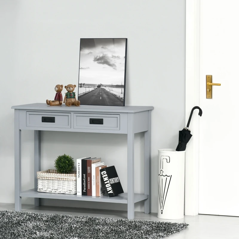 HOMCOM Console Table with 2 Storage Drawers and Open Shelf, Modern Sofa Table for Hallway, Living Room, or Bedroom, Grey