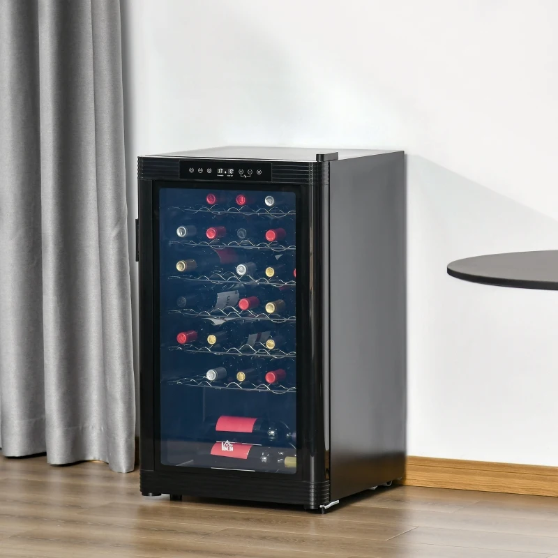 HOMCOM 33 Bottle Wine Cooler, Mini Beverage Fridge, Freestanding Wine Cellar with Digital Temperature Control, 6 Removable Shelves, Glass Door, Alarm Function and LED Lighting, Black