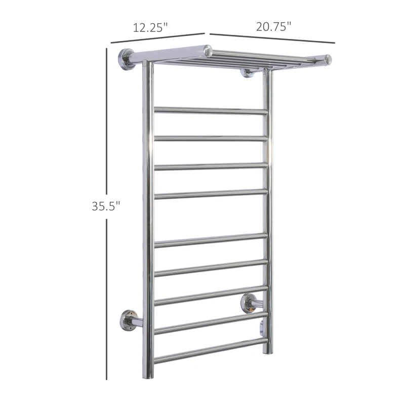 HomCom 9-Bar Stainless Steel Wall Mounted Electric Heated Towel Rack Warmer With Shelf