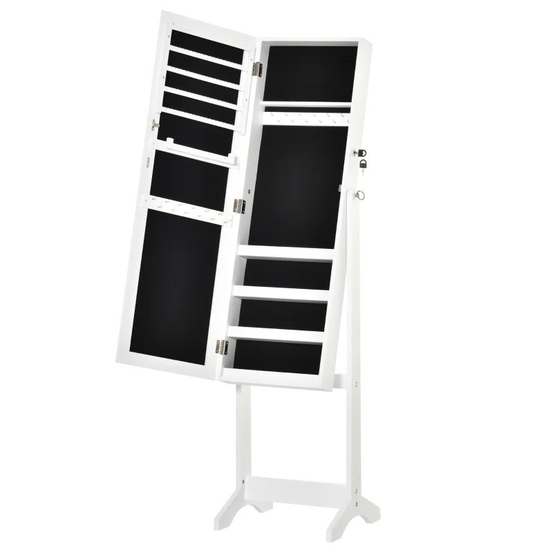 HOMCOM Floor Standing Jewelry Cabinet, Lockable Jewelry Organizer with Full-Length Mirror, and 3 Adjustable Angles, White