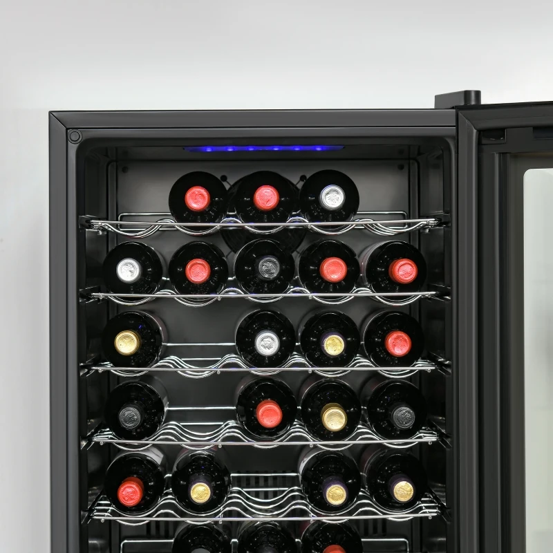 HOMCOM 33 Bottle Wine Cooler, Mini Beverage Fridge, Freestanding Wine Cellar with Digital Temperature Control, 6 Removable Shelves, Glass Door, Alarm Function and LED Lighting, Black
