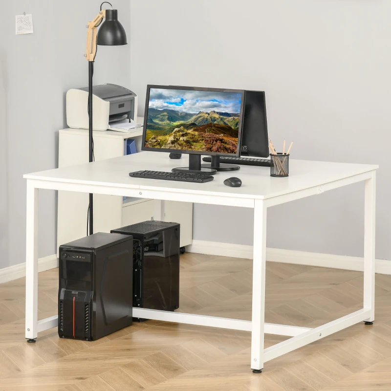 HOMCOM Two Person Computer Desk, 47 x 47" Extra Large Writing Study Desk, Double Workstation for Home Office, White