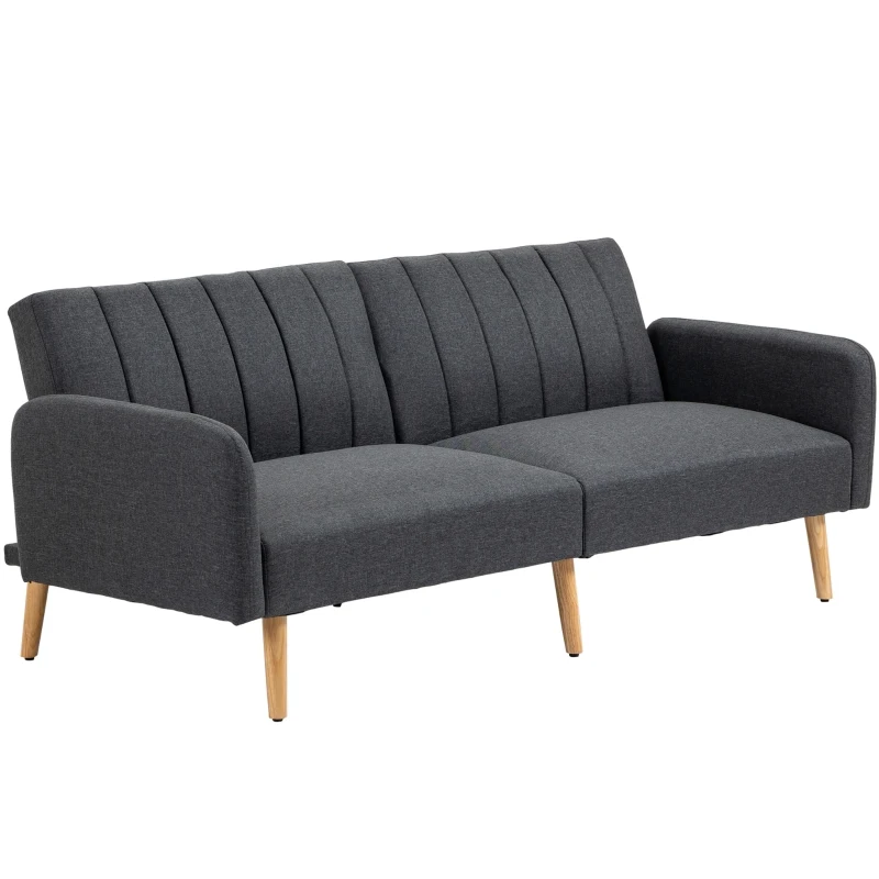 HOMCOM Two Seater Sofa Bed, Convertible Futon Couch Bed, Linen Upholstered Loveseat with Adjustable Backrest for Small Spaces, Living Room, Apartment, and Dorm, Dark Gray