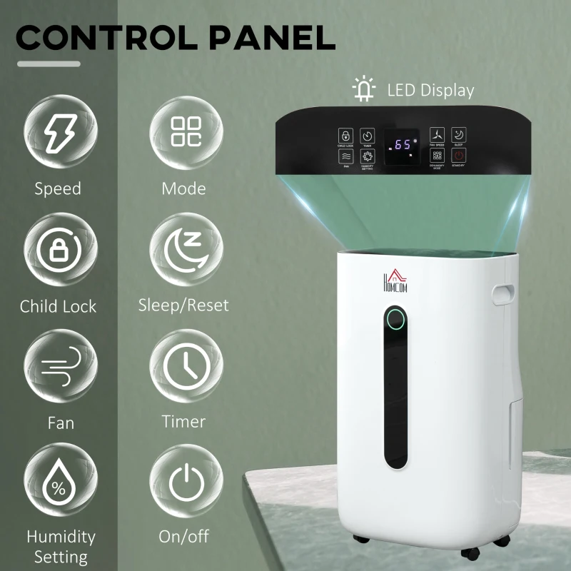 HOMCOM 3500 Sq. Ft Portable Electric Dehumidifier For Home, Bedroom or Basements with 15 Pint Tank, 2 Speeds and 5 Modes, White