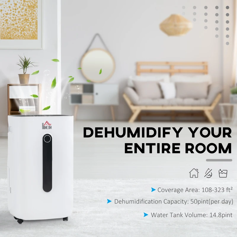 HOMCOM 3500 Sq. Ft Portable Electric Dehumidifier For Home, Bedroom or Basements with 15 Pint Tank, 2 Speeds and 5 Modes, White