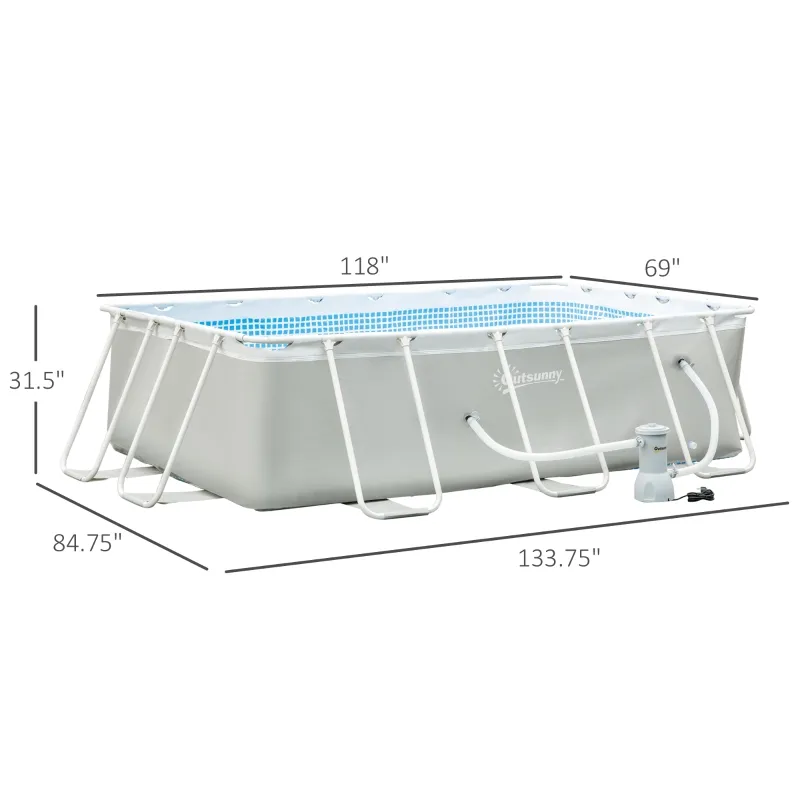 Outsunny 11ft x 7ft x 32in Steel Frame Pool with Nano Filter Pump, Outdoor Rectangular Frame Above Ground Swimming Pool, Light Grey
