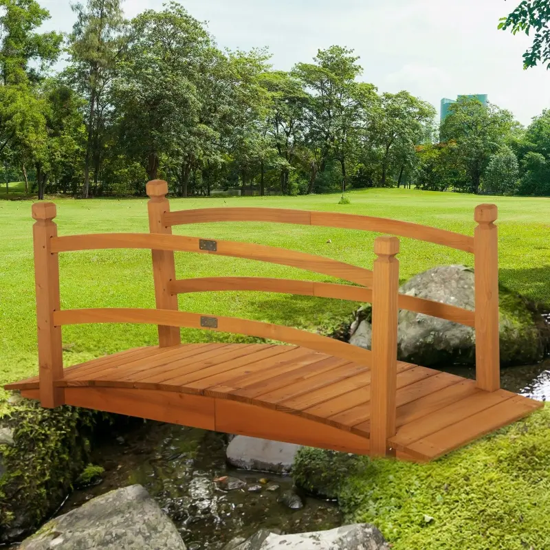 Outsunny 5 ft Wooden Garden Bridge Arc Footbridge with Railings for Your Backyard, Varnished