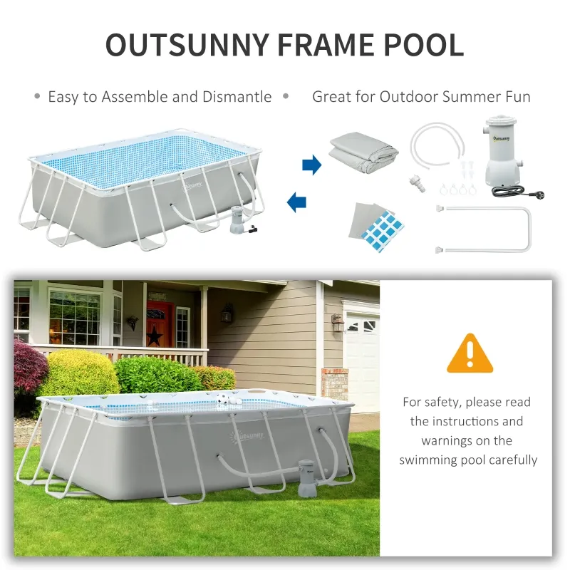Outsunny 11ft x 7ft x 32in Steel Frame Pool with Nano Filter Pump, Outdoor Rectangular Frame Above Ground Swimming Pool, Light Grey