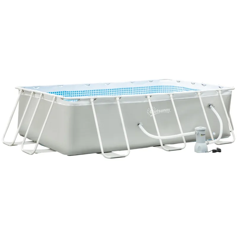 Outsunny 11ft x 7ft x 32in Steel Frame Pool with Nano Filter Pump, Outdoor Rectangular Frame Above Ground Swimming Pool, Light Grey
