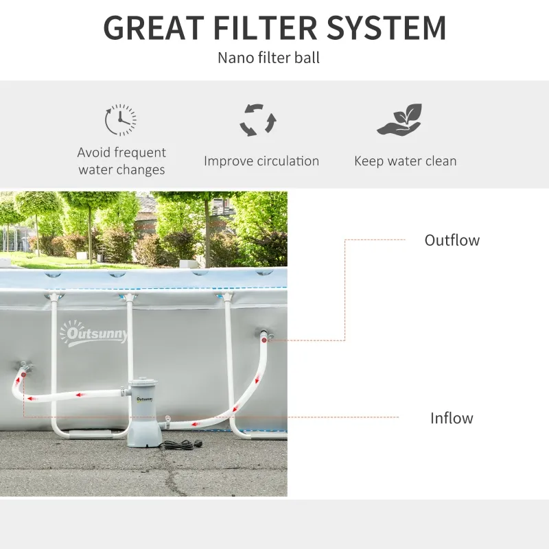 Outsunny 11ft x 7ft x 32in Steel Frame Pool with Nano Filter Pump, Outdoor Rectangular Frame Above Ground Swimming Pool, Light Grey
