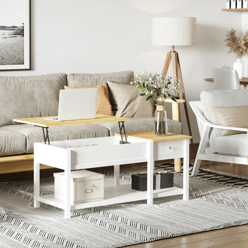 HOMCOM 43" Lift Top Coffee Table with Hidden Storage Compartment and Open Shelf, Tea Table for Living Room, White and Oak
