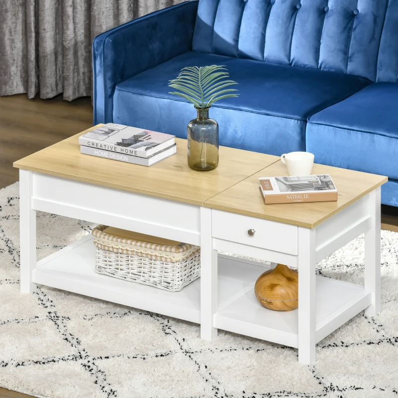 HOMCOM 43" Lift Top Coffee Table with Hidden Storage Compartment and Open Shelf, Tea Table for Living Room, White and Oak