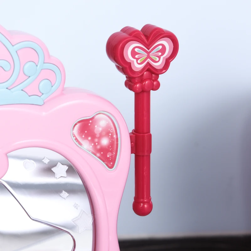 Qaba Kids Vanity Set, Makeup Table Princess Pretend Play for Girls with Lights, Sounds, Stool, Magic Wand, Mirror and Makeup Accessories