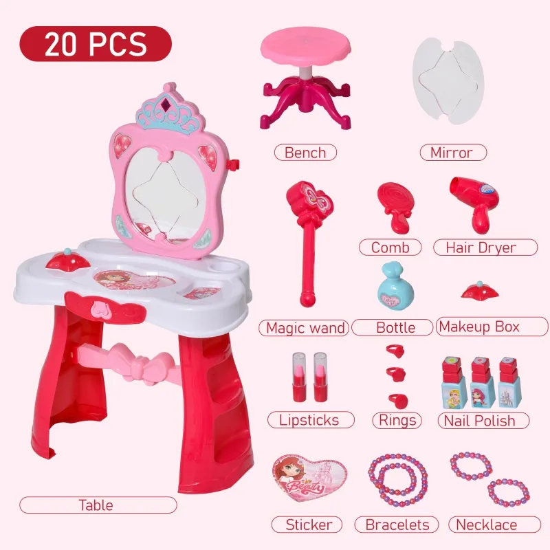 Qaba Kids Vanity Set, Makeup Table Princess Pretend Play for Girls with Lights, Sounds, Stool, Magic Wand, Mirror and Makeup Accessories