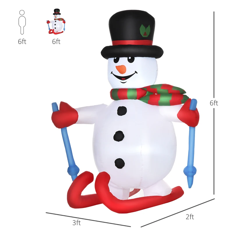 HOMCOM 6ft Christmas Inflatable Skiing Snowman, Outdoor Blow-Up Yard Decoration with LED Lights Display