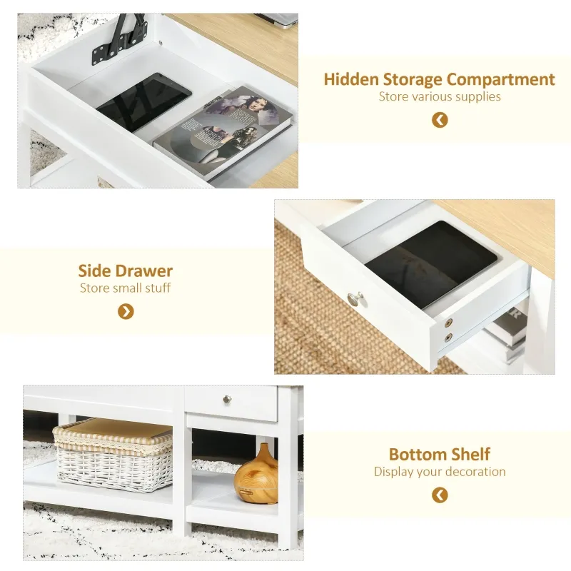 HOMCOM 43" Lift Top Coffee Table with Hidden Storage Compartment and Open Shelf, Tea Table for Living Room, White and Oak