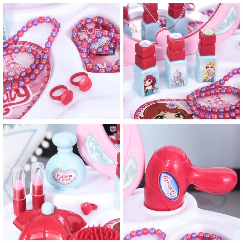 Qaba Kids Vanity Set, Makeup Table Princess Pretend Play for Girls with Lights, Sounds, Stool, Magic Wand, Mirror and Makeup Accessories