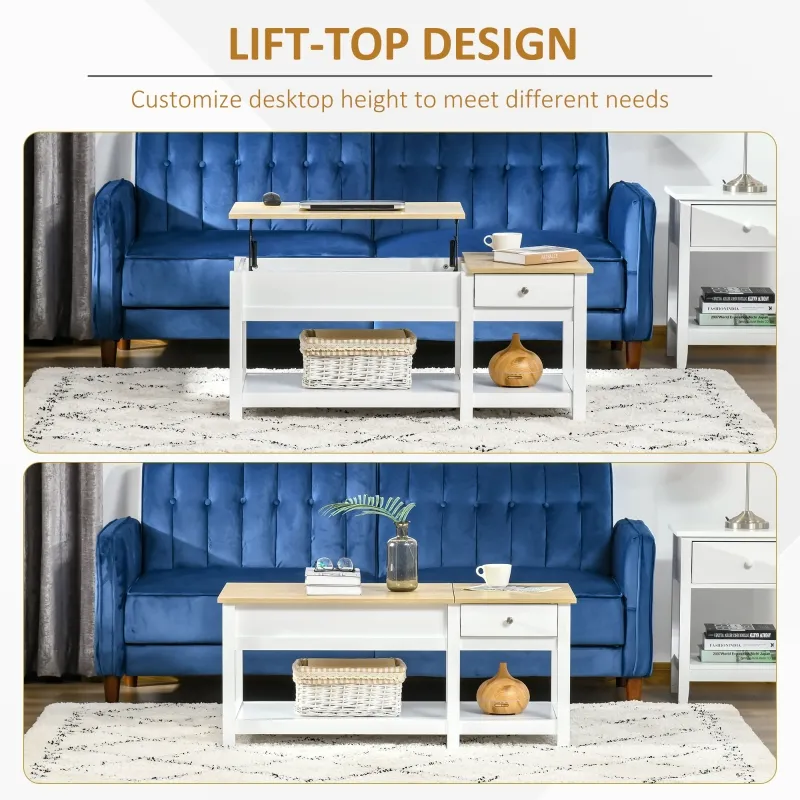 HOMCOM 43" Lift Top Coffee Table with Hidden Storage Compartment and Open Shelf, Tea Table for Living Room, White and Oak