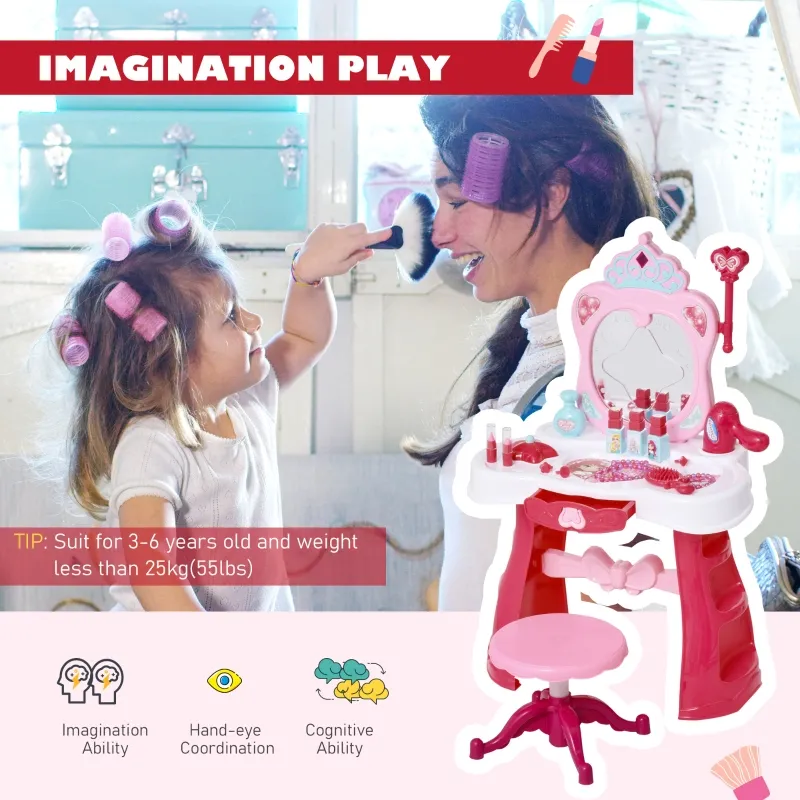 Qaba Kids Vanity Set, Makeup Table Princess Pretend Play for Girls with Lights, Sounds, Stool, Magic Wand, Mirror and Makeup Accessories