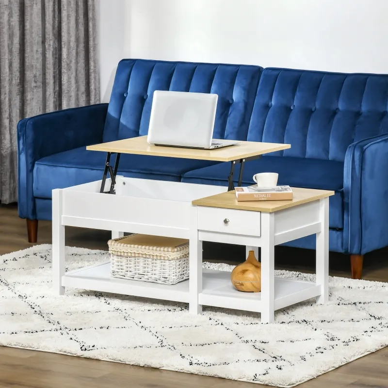 HOMCOM 43" Lift Top Coffee Table with Hidden Storage Compartment and Open Shelf, Tea Table for Living Room, White and Oak