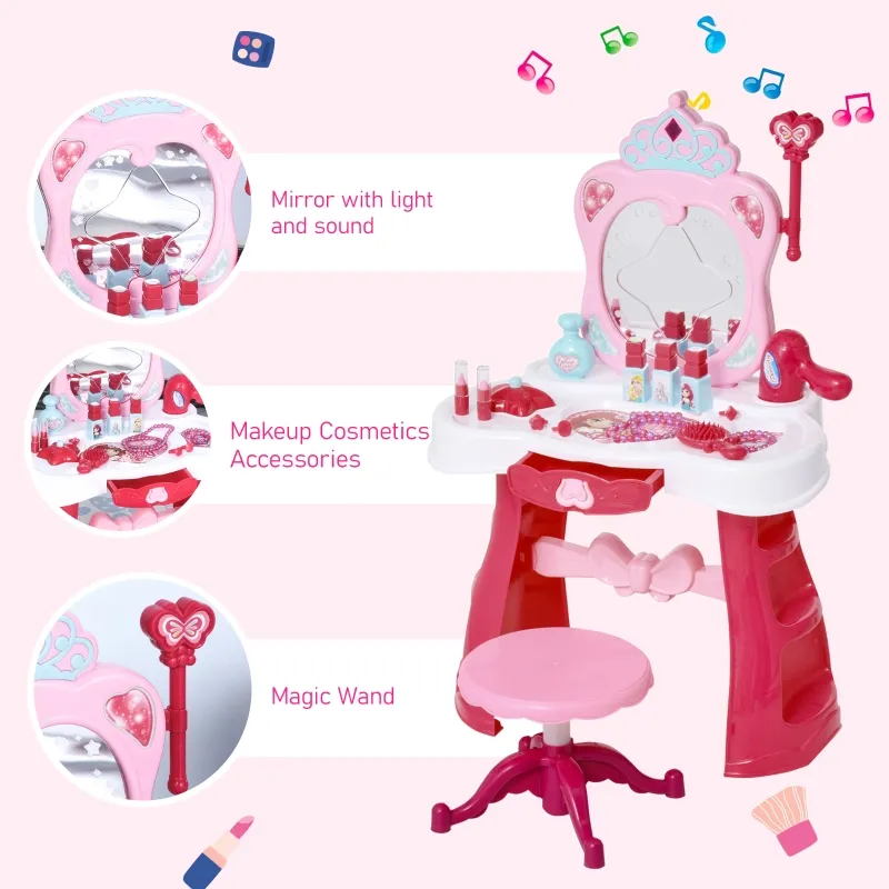 Qaba Kids Vanity Set, Makeup Table Princess Pretend Play for Girls with Lights, Sounds, Stool, Magic Wand, Mirror and Makeup Accessories