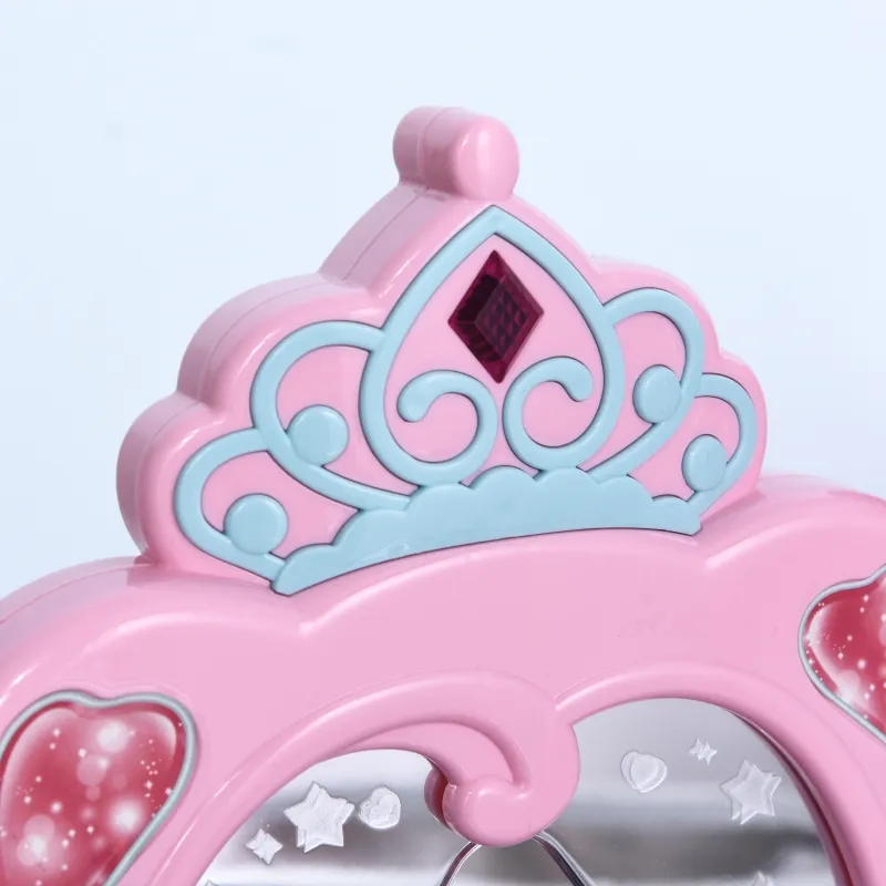 Qaba Kids Vanity Set, Makeup Table Princess Pretend Play for Girls with Lights, Sounds, Stool, Magic Wand, Mirror and Makeup Accessories