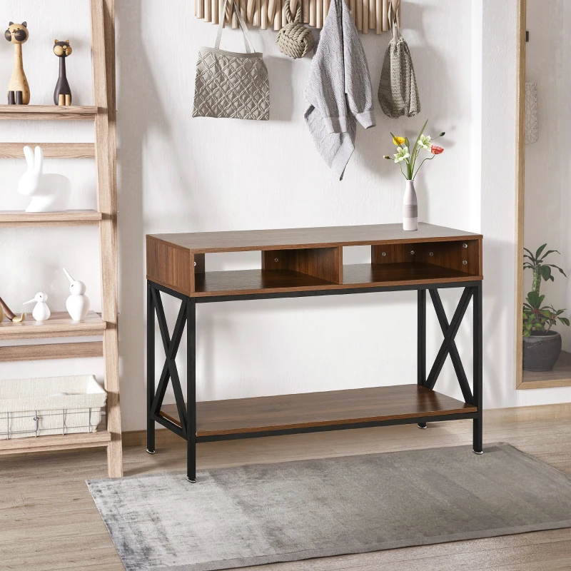 HOMCOM Industrial Style Entryway Console Table Desk with Shelf for Living Room, or Bedroom, Walnut Wood Grain and Black