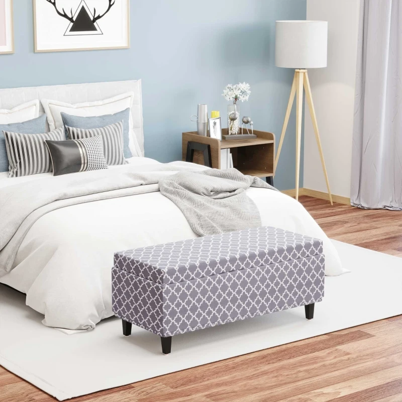 HOMCOM Storage Ottoman, End of Bed Bench with Linen Fabric Upholstery, Lift Top and Nailhead Trim, Storage Bench for Living Room, Entryway or Bedroom, Gray Lattice